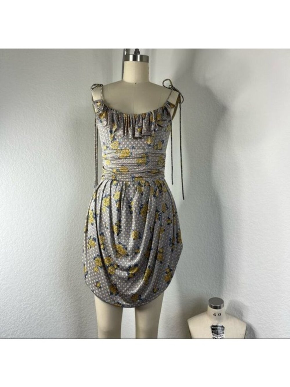 SS 07 Jovovich-Hawk Silk Ruched Ruffle Floral Dress Milla Jovovich